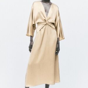 NEW WITH TAGS - ZARA GOLD SATIN MIDI KIMONO SLEEVE DRESS